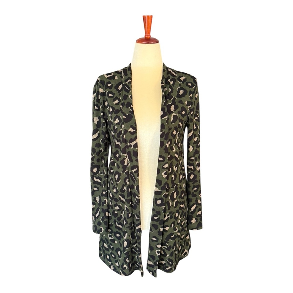 Olive Green Leopard Animal Print Open Front Long Cardigan Sweater Size Sm Cozy